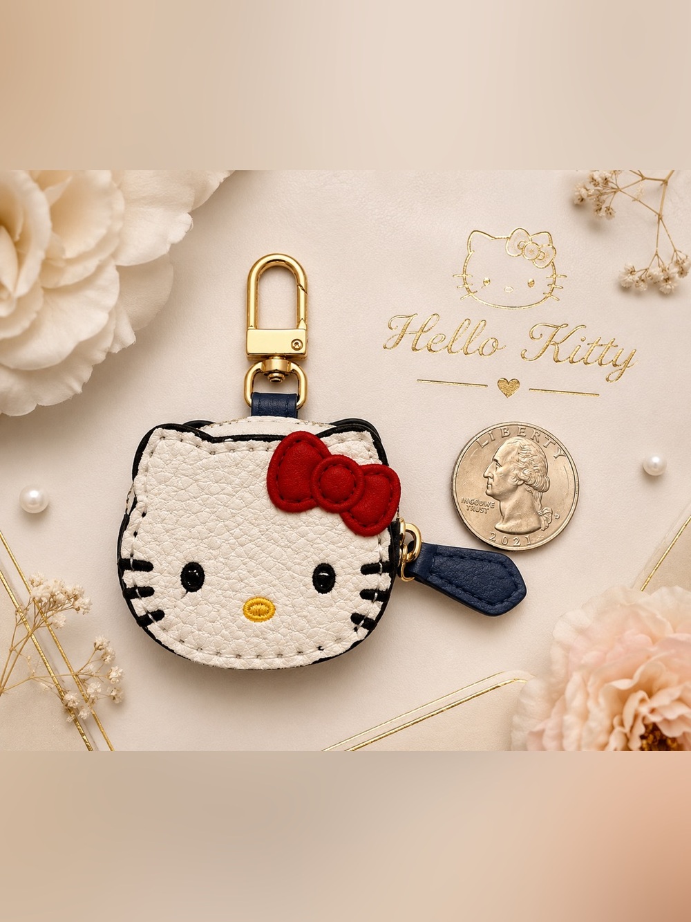 Sanrio Hello Kitty White & Red Leather Keychain Pouch with Navy Accent
